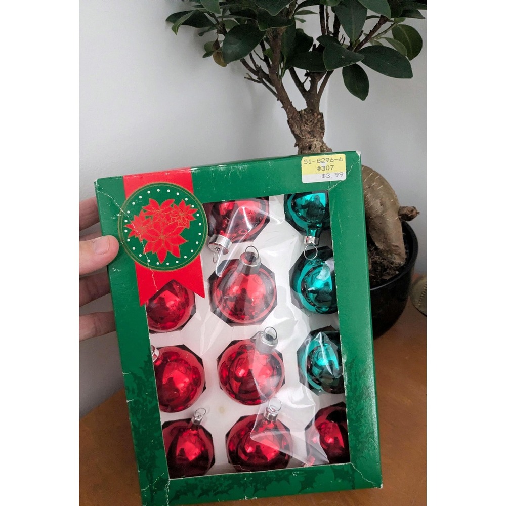 Vintage Glass Christmas Ornaments Set of 12 in Box‎ – Red & Turquoise Teal